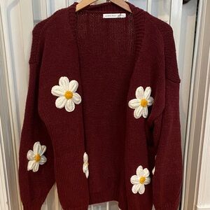 Altar'd State Maroon Daisy Women's Knit Cardigan Women’s Size Large